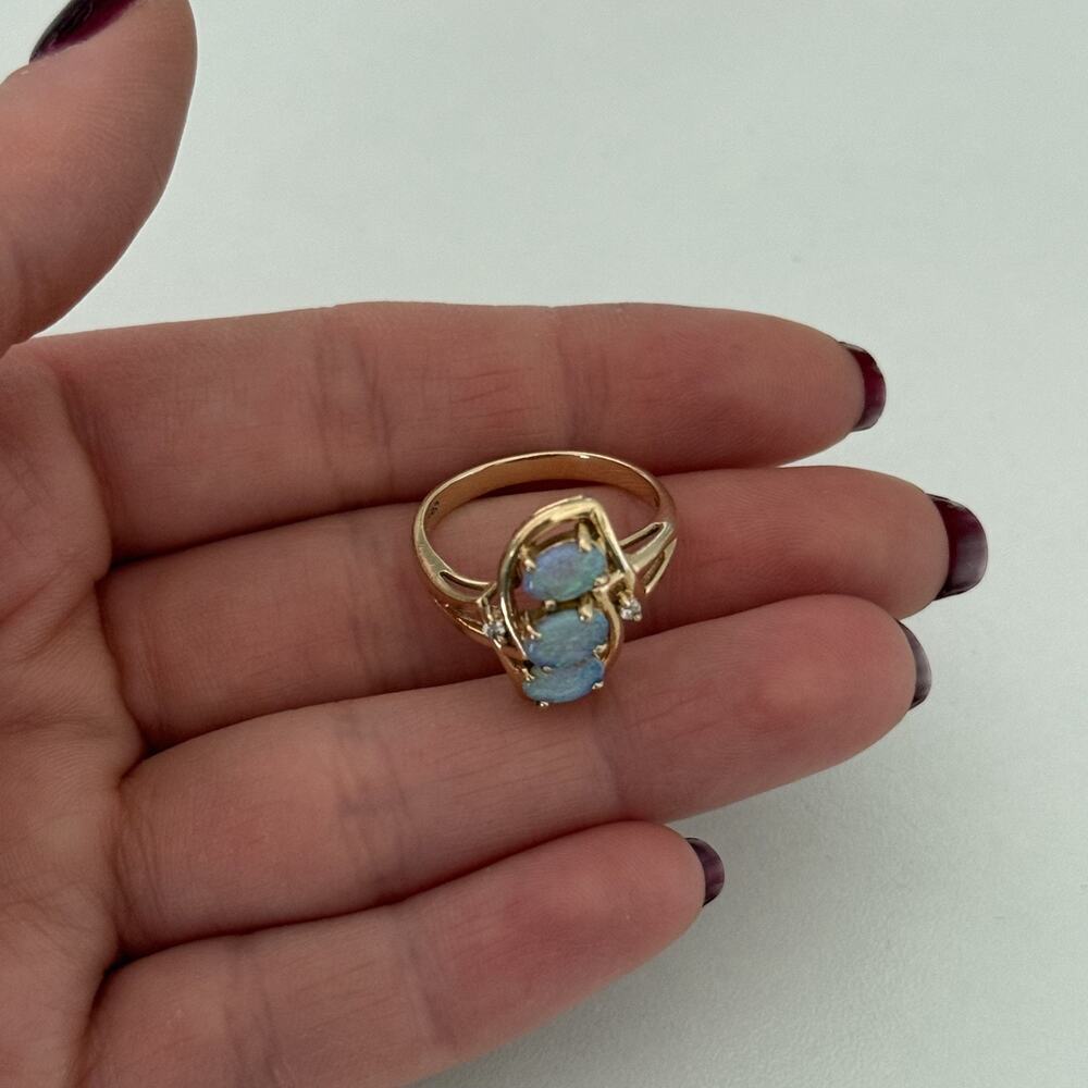 14K Yellow Gold Fire Opal 3 Stone Diamond Band Ring Size 6 - Picture 13 of 16